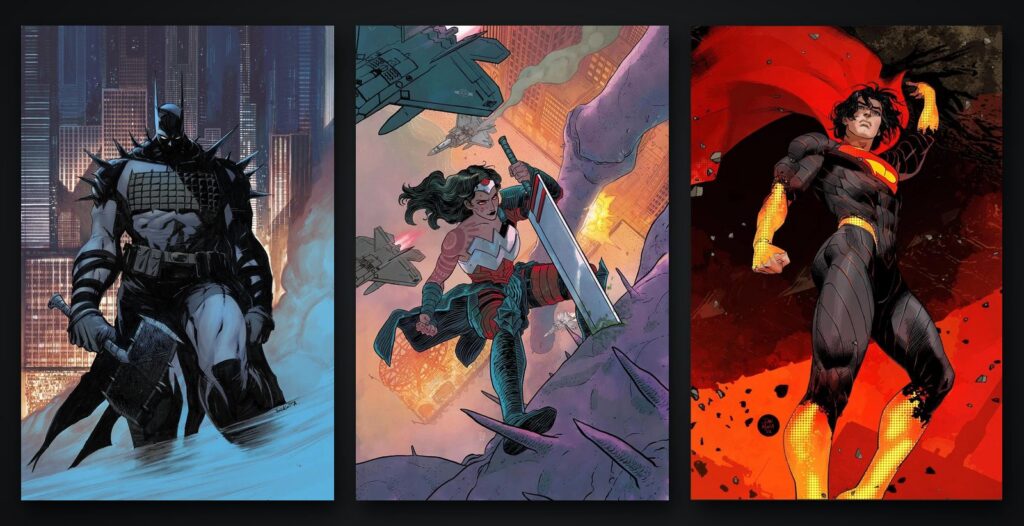 Covers of Absolute Batman, Absolute Wonder Woman and Absolute Superman side by side