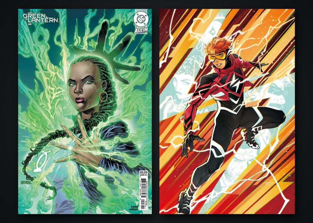 Absolute Green Lantern cover featuring Jo Mullein next to an Absolute Flash cover featuring Wally West