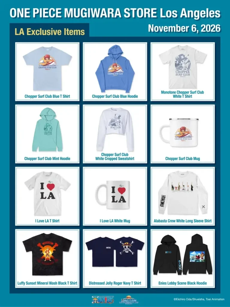Chopper Surf Club merch from the One Piece Mugiwara Store LA, including tees, hoodies, a cropped sweatshirt and mugs