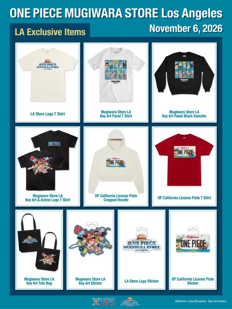 LA-exclusive One Piece merch including the California license plate hoodie and tee, key art shirts, a tote bag and stickers