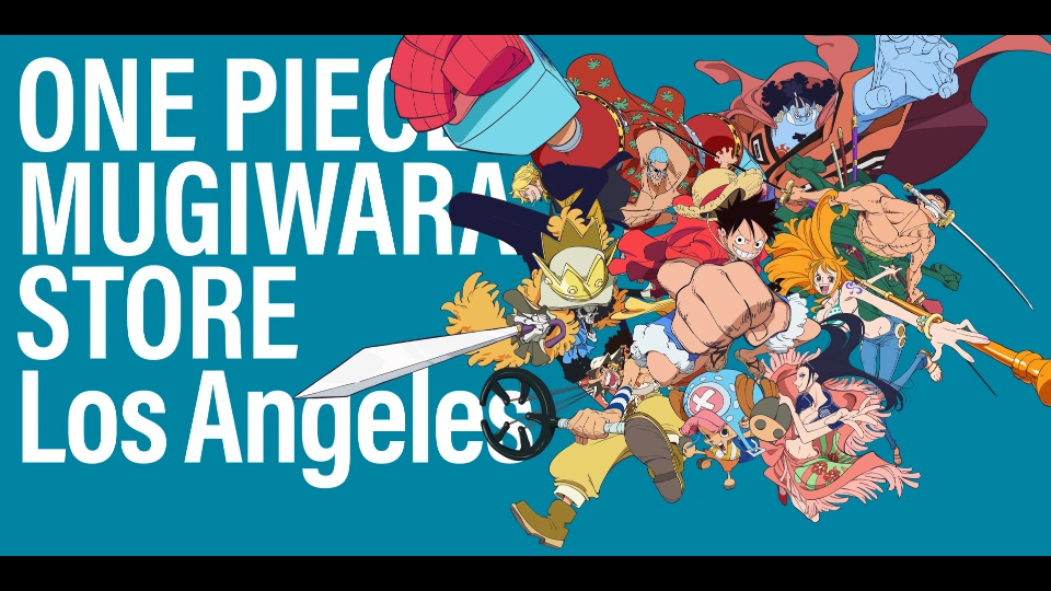 ONE PIECE MUGIWARA STORE Los Angeles key art with Luffy and the Straw Hat crew leaping into action